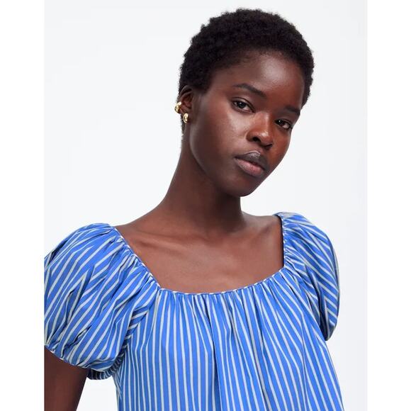 NWT Madewell Square-Neck Puff-Sleeve Shirt in Stripe Blue and White Size 2 - Picture 2 of 9